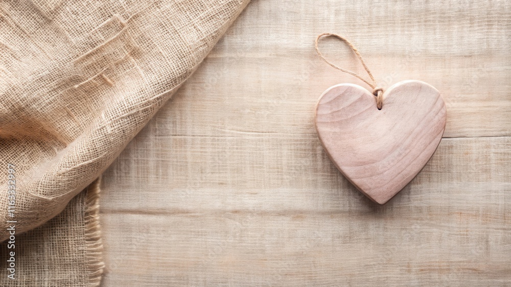 Rustic Wooden Heart with Burlap on a Light Wood Background Rustic Wooden Heart with Burlap on a Light Wood Background