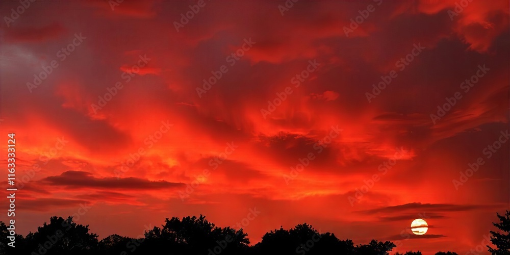 Fototapeta premium Fiery Red Sunset Sky Dramatic Cloudscape Full Sun