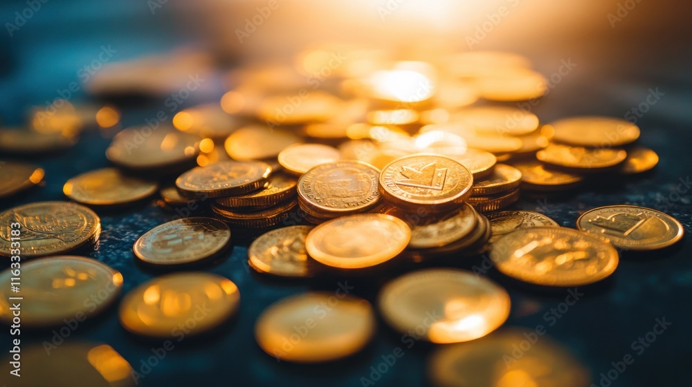 A random assortment of gold coins shimmering under bright lights, scattered on a smooth white surface A random assortment of gold coins shimmering under bright lights, scattered on a smooth white surface