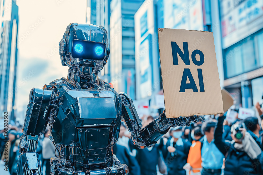 Fototapeta premium Humanoid robot holding cardboard that says