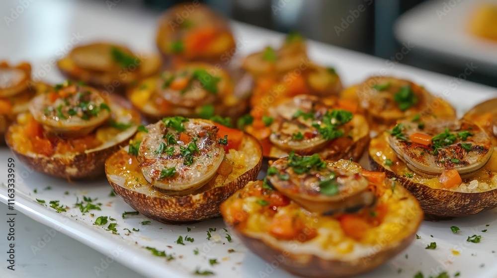Grilled scallops with rice and vegetables, seasoned with herbs. Perfect for menus showcasing elegant seafood appetizers or gourmet dishes. Grilled scallops with rice and vegetables, seasoned with herbs. Perfect for menus showcasing elegant seafood appetizers or gourmet dishes.