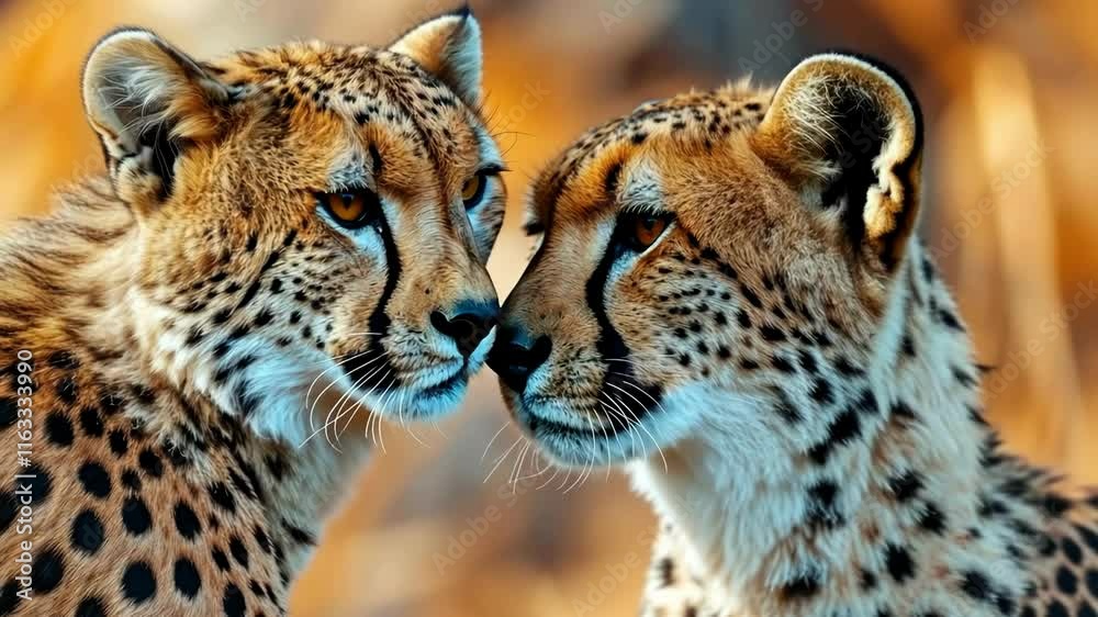 Two cheetahs nuzzle closely, showcasing affection in a vibrant natural setting, emphasizing wildlife's beauty and connection Two cheetahs nuzzle closely, showcasing affection in a vibrant natural setting, emphasizing wildlife's beauty and connection