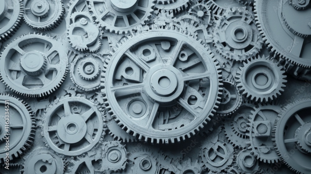 Intricate Gray Gears and Cogs Arrangement Highlighting Mechanical Design Elements in a Symmetrical Pattern for Engineering and Industrial Concepts Intricate Gray Gears and Cogs Arrangement Highlighting Mechanical Design Elements in a Symmetrical Pattern for Engineering and Industrial Concepts