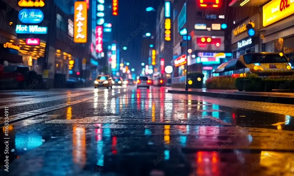 Rainy Night in the City: Vibrant Reflections on Wet Pavement