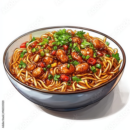 Chinese Beijing fried sauce noodles national cuisine dish isolated on white background, colorful cartoon illustration photo