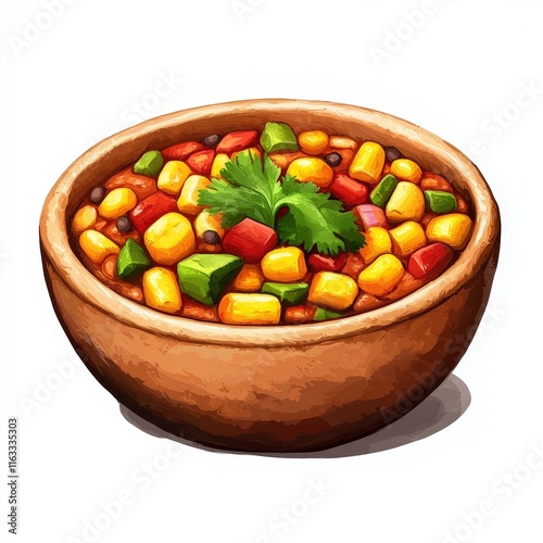 Mexican esquites corn stew national cuisine dish isolated on white background, colorful cartoon illustration photo