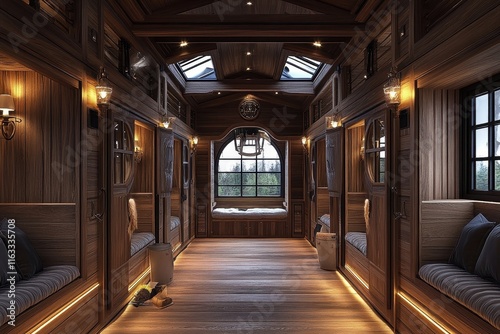 Long wooden hallway with cozy alcoves, lit by warm lamps. Perfect for illustrating rustic luxury, interior design, or tranquil spaces.