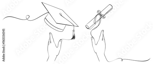 throwing graduation caps. cap flying line art