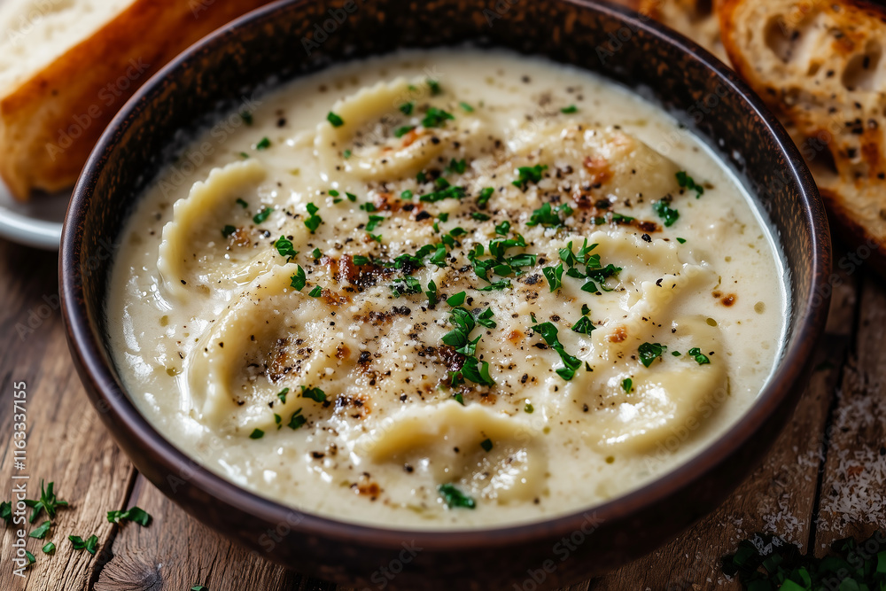 A bowl of delicious Ravioli pasta with creamy sauce and bread on the side A bowl of delicious Ravioli pasta with creamy sauce and bread on the side