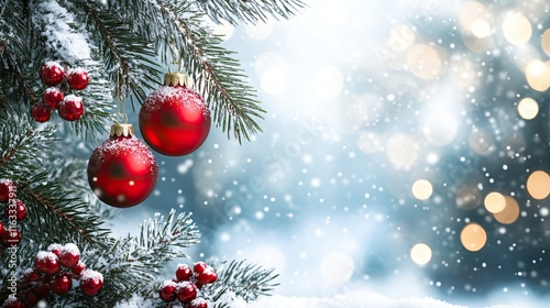 Red Christmas baubles hanging from a snow-covered pine tree branch
