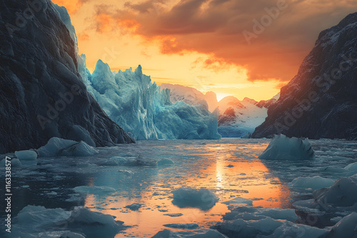 Landscape of Iceberg and water glacier cover by white snow with sky orange sunlight during evening. Melting and pouring water into sea. Highlighting majestic ice formations and serene atmosphere. photo