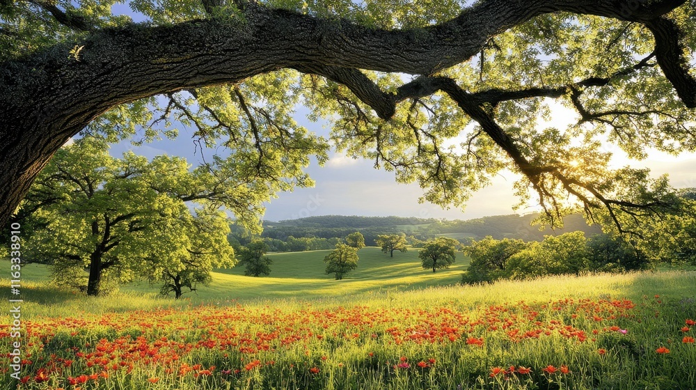 Serene Landscape with Colorful Wildflowers and Trees Serene Landscape with Colorful Wildflowers and Trees