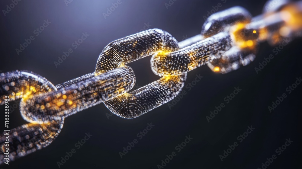 Close-up View of a Futuristic Chain Link Representing Connectivity and Security in a Digital World with Glowing Particles and Data Visualization Effects Close-up View of a Futuristic Chain Link Representing Connectivity and Security in a Digital World with Glowing Particles and Data Visualization Effects
