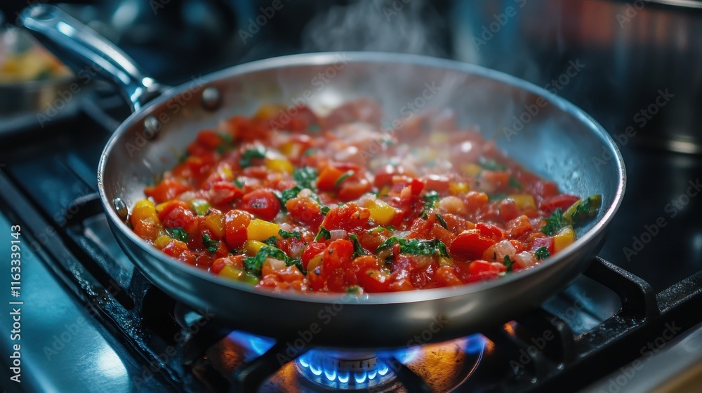 Steaming pan of sautéed tomatoes, onions, peppers, and basil. Perfect for recipes, cooking blogs, or food websites. Steaming pan of sautéed tomatoes, onions, peppers, and basil. Perfect for recipes, cooking blogs, or food websites.