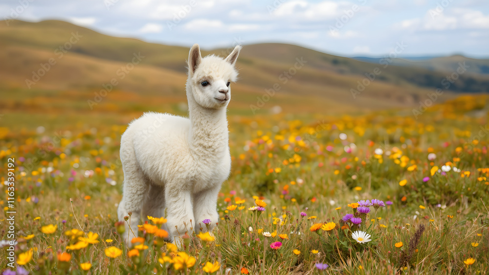 Fototapeta premium A fluffy alpaca baby standing in a colorful meadow, surrounded by rolling hills and wildflowers