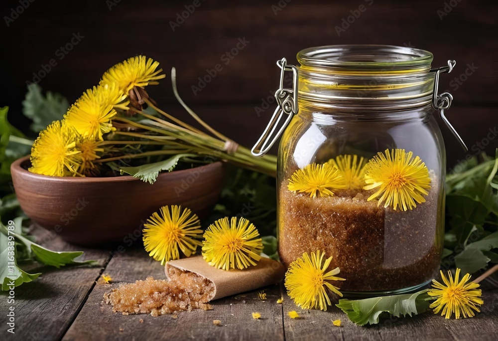 A glass jar filled with dandelion flowers and brown sugar A glass jar filled with dandelion flowers and brown sugar
