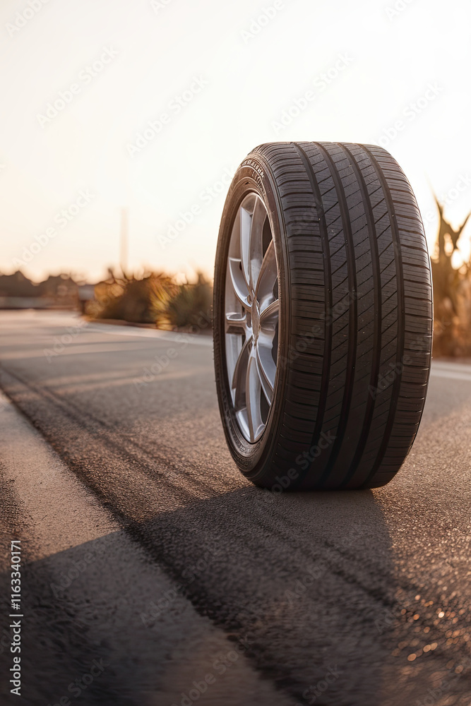 Summer Tires on a Sunlit Asphalt Road Summer Tires on a Sunlit Asphalt Road