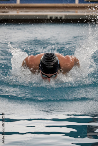 Swimmer diving into a pool, creating a splash of water photo