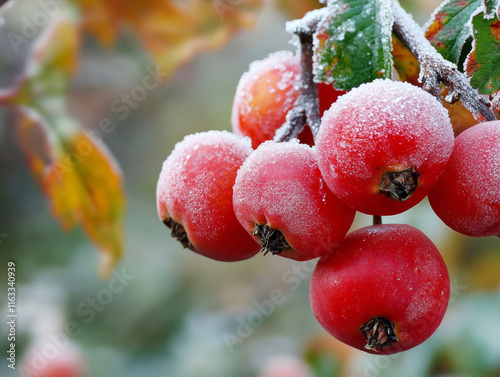 Frosty red hawthorn berries on a branch with autumn leaves in soft focus. photo