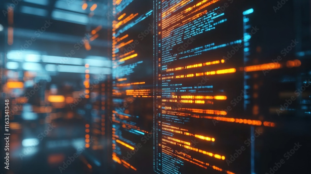 Obraz premium Futuristic Digital Data Flow with Glowing Code on Transparent Screens in a High-Tech Environment