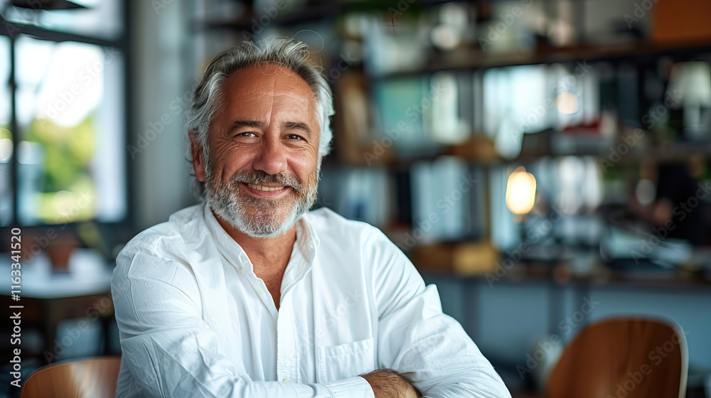 Fototapeta premium Middle-aged man with beard wearing white shirt smiling confidently in a modern office with shelves and bright natural light.