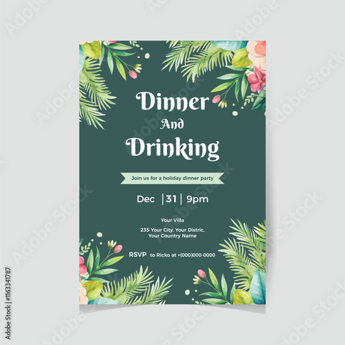 Dinner party invitation. Table served and decorated with flowers and candles.