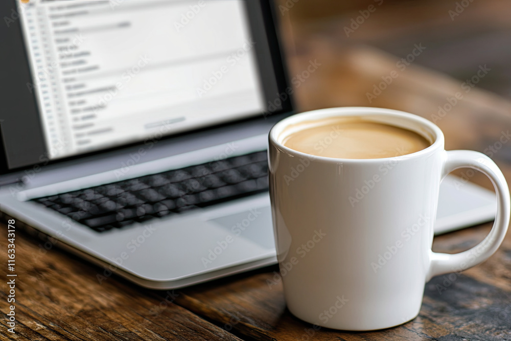 Empty coffee mug next to a laptop with an email inbox open Empty coffee mug next to a laptop with an email inbox open