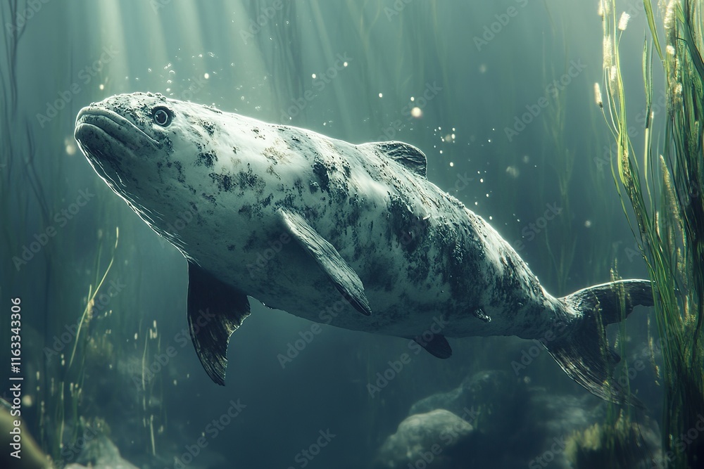 Fototapeta premium Ancient Mud Covered Fish Swims Underwater