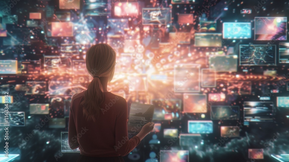 Woman Exploring a Universe of Digital Information Woman Exploring a Universe of Digital Information