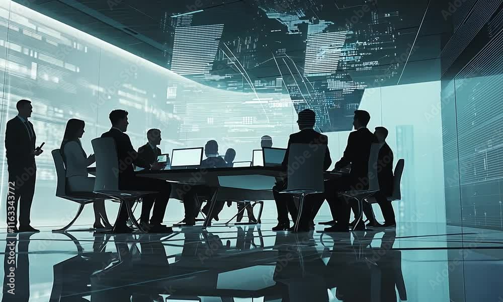 A silhouette of a business meeting in a modern conference room with digital displays. A silhouette of a business meeting in a modern conference room with digital displays.