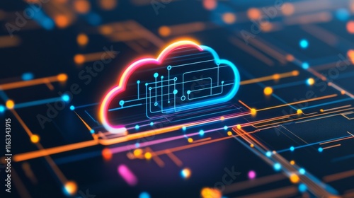 Vibrant Digital Cloud Icon with Circuit Patterns on Abstract Background Representing Modern Technology and Data Storage Solutions in a Connected World