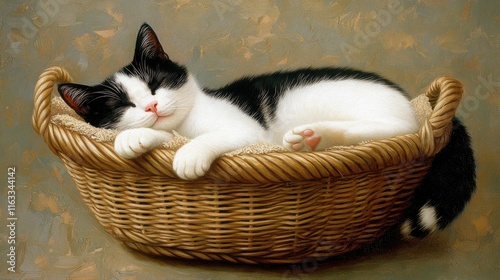 Chubby black-and-white cat sleeping in a loaf position, cozy in a basket, eyes shut tight, peaceful setting