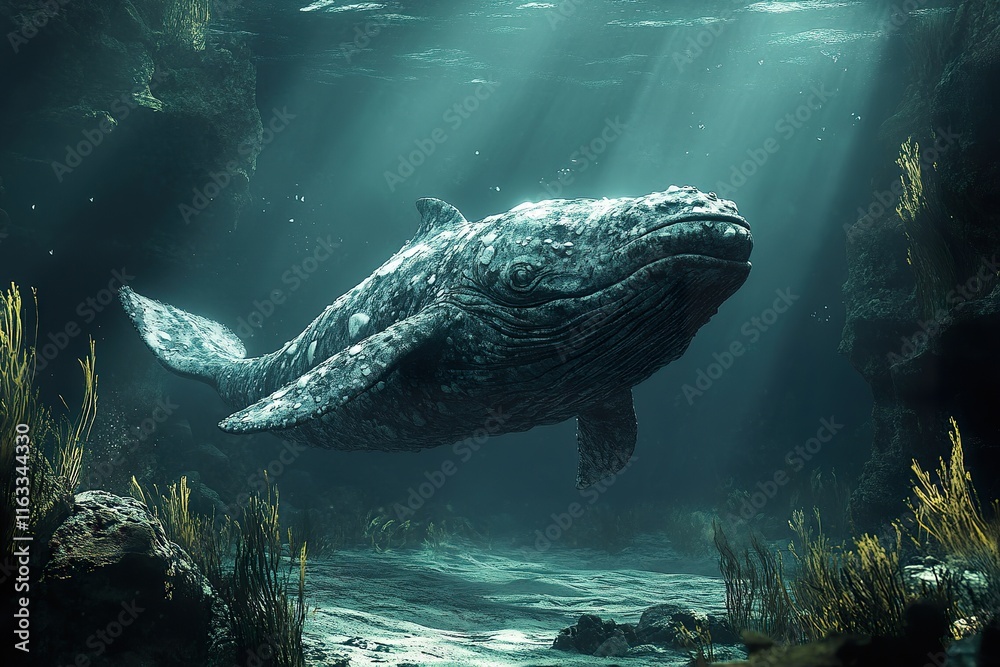 Fototapeta premium Gray Whale Swims Through Deep Ocean Depths