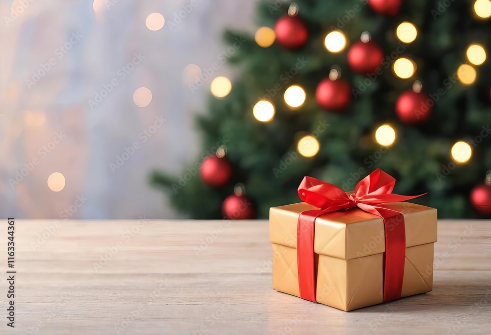 A beautifully wrapped Christmas present on a table with a blurred background of lights and decorations A beautifully wrapped Christmas present on a table with a blurred background of lights and decorations