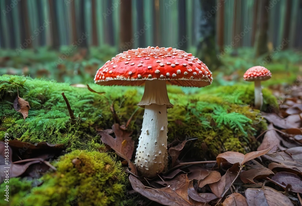 A close-up of a fly agaric mushroom in the forest with fall foliage in the background A close-up of a fly agaric mushroom in the forest with fall foliage in the background