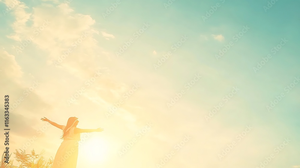 Woman Silhouetted Against Sunset Sky Embracing Freedom Woman Silhouetted Against Sunset Sky Embracing Freedom