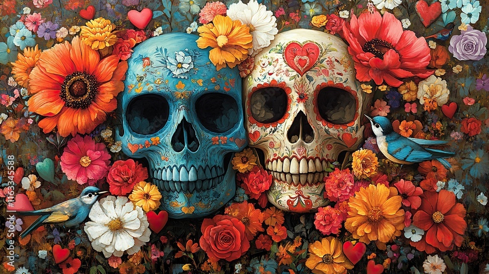 Skulls Surrounded by Flowers – Two colorful skulls surrounded by flowers, hearts, and birds, blending love and remembrance. Skulls Surrounded by Flowers – Two colorful skulls surrounded by flowers, hearts, and birds, blending love and remembrance.