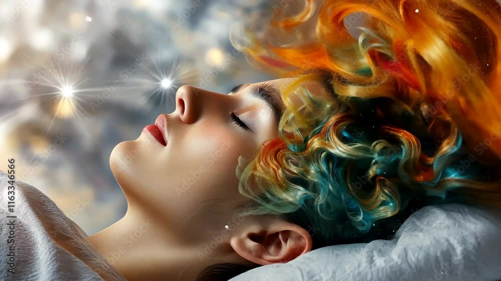 An intricately drawn illustration of a person lying in bed with their eyes closed, surrounded by swirling colors and cosmic stars