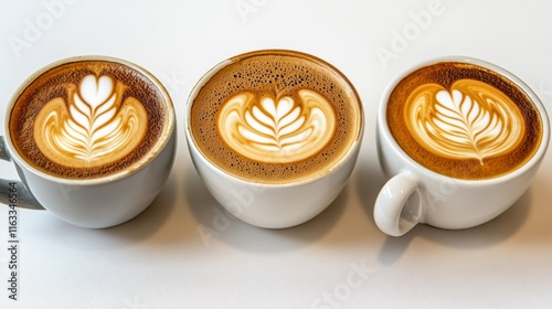 Coffee Art in Stylish Cups on Soft White Background