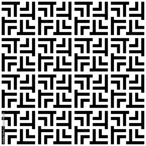 Seamless black and white geometric pattern, featuring a repeating design with angular shapes. Suitable for backgrounds, wallpapers, textiles, fabrics and various creative projects.