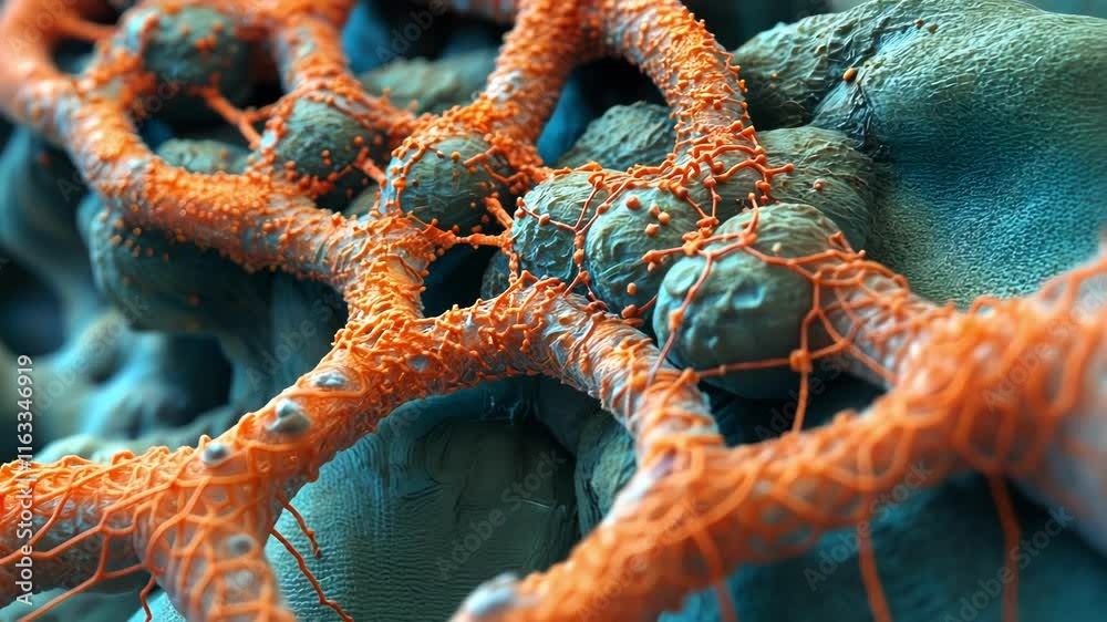 Microscopic view of a vibrant cellular structure showcasing intricate networks and biological textures