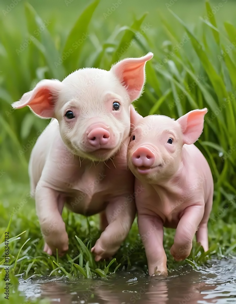Two Adorable Piglets Playing in Grassy Water Two Adorable Piglets Playing in Grassy Water