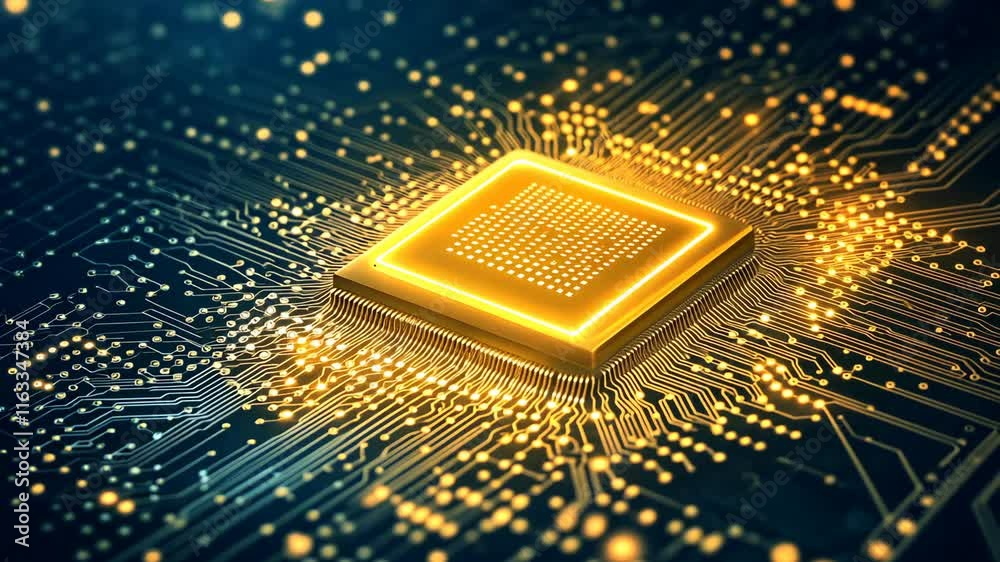 High-tech microchip surrounded by glowing circuitry in a digital landscape