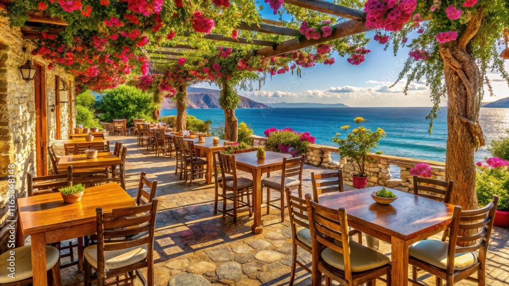 Obraz premium Charming Crete Cafe with Scenic Views, Rustic Decor, and Mediterranean Vibes for Travel Enthusiasts and Food Lovers