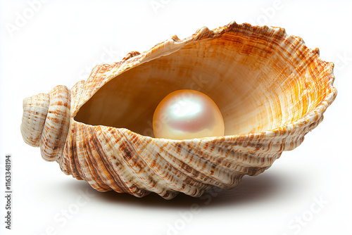 Beautiful seashell containing a lustrous pearl resting on a smooth surface photo