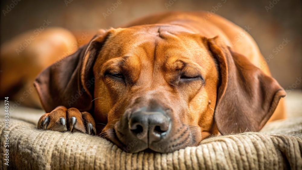 Close-Up of a Big Brown Rhodesian Ridgeback Dog Sleeping Peacefully in Cozy Environment, Capturing the Beauty of Canine Relaxation and Tranquility Close-Up of a Big Brown Rhodesian Ridgeback Dog Sleeping Peacefully in Cozy Environment, Capturing the Beauty of Canine Relaxation and Tranquility