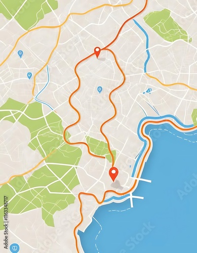City Map Route Showing Two Location Markers