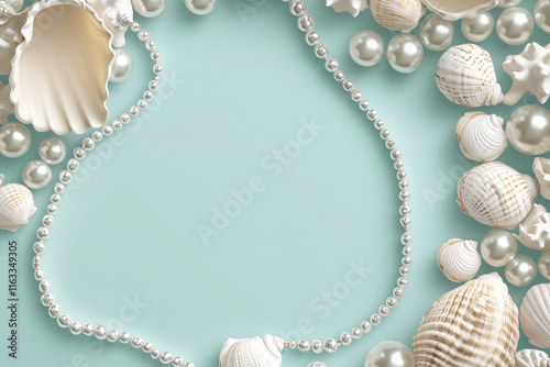 Decorative arrangement of shells and pearls on a blue background showcasing a coastal theme photo