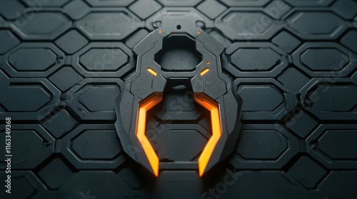 Futuristic Abstract Machinery with Glowing Cutting Edge Design   Cutting edge industrial technology concept with hexagonal pattern and geometric shapes in black and orange colors