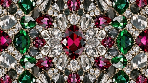 A dazzling seamless pattern featuring diamonds, rubies, and emeralds arranged in a symmetrical and luxurious design